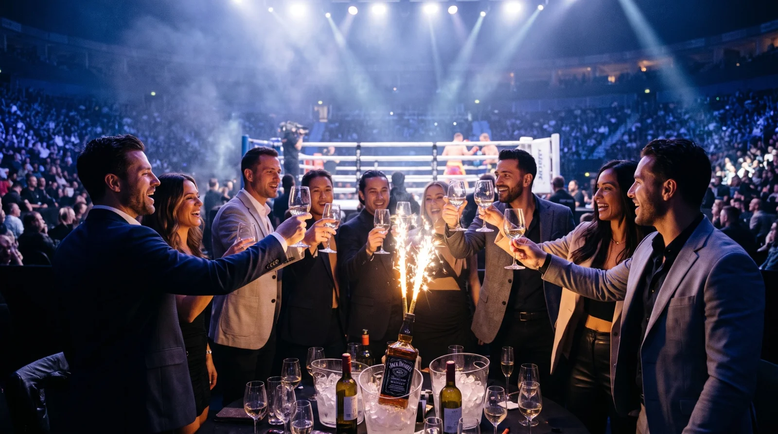 Guests raising glasses at a hospitality table beside the fight ring